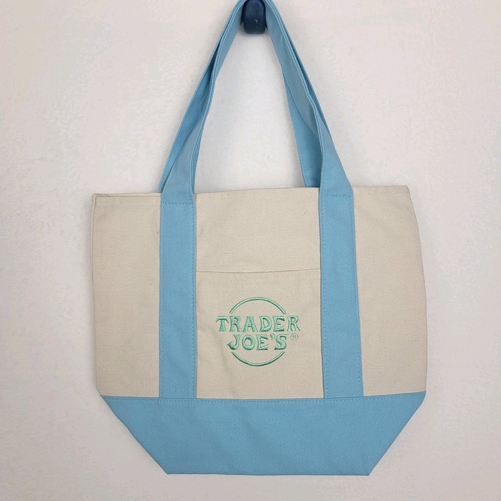 Trader Joe's Mini‎ Canvas Tote Bag Baby Blue Embroidered Logo 2025